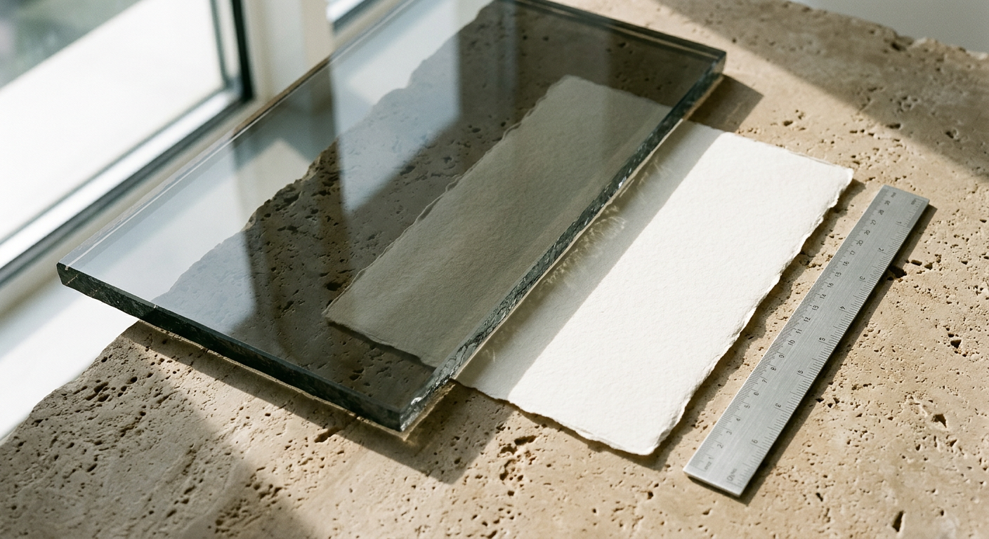 A sheet of paper beneath smoked glass beside an aluminum ruler.