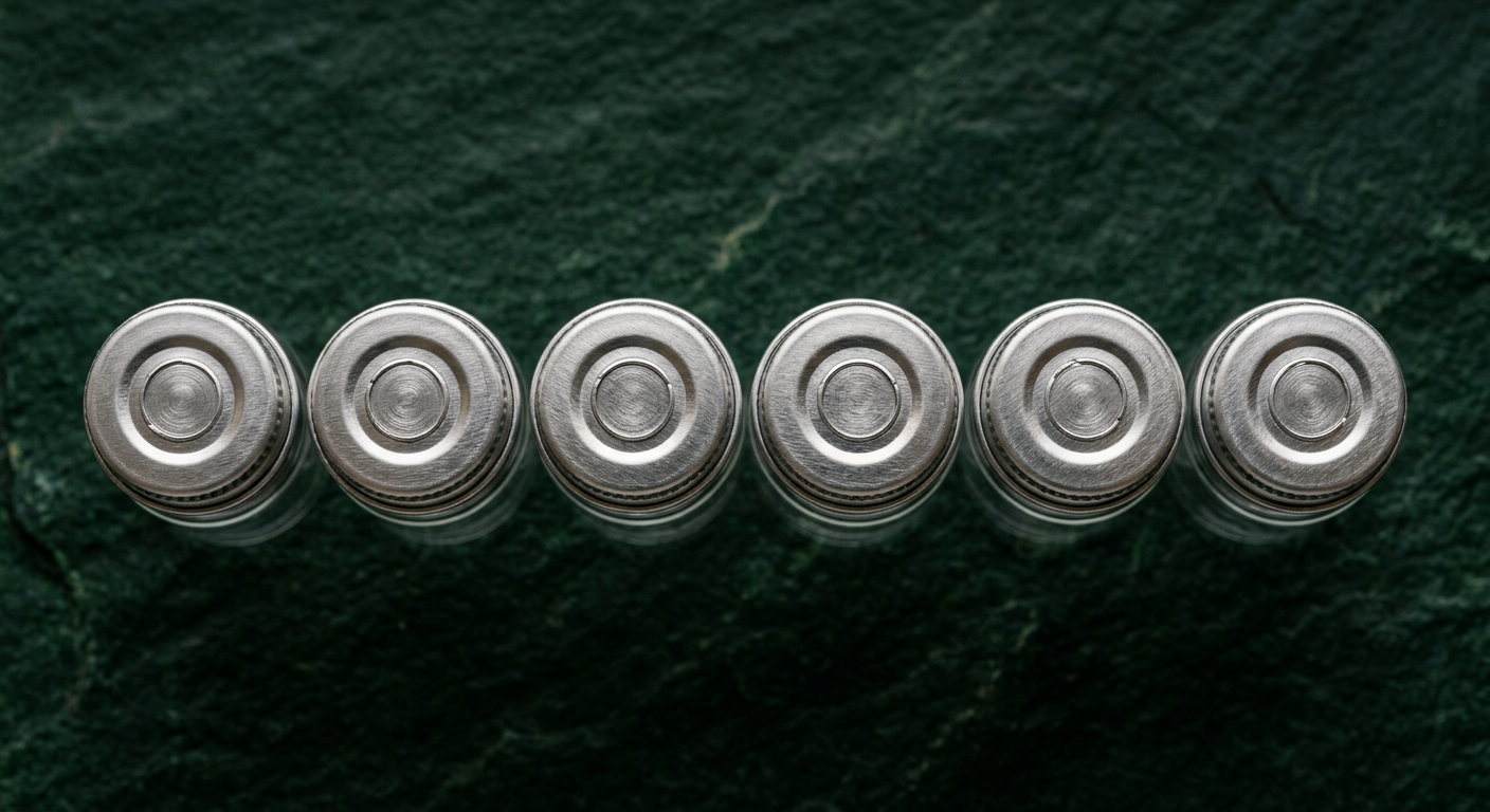 A row of brushed aluminum vial caps seen from above on deep green stone.