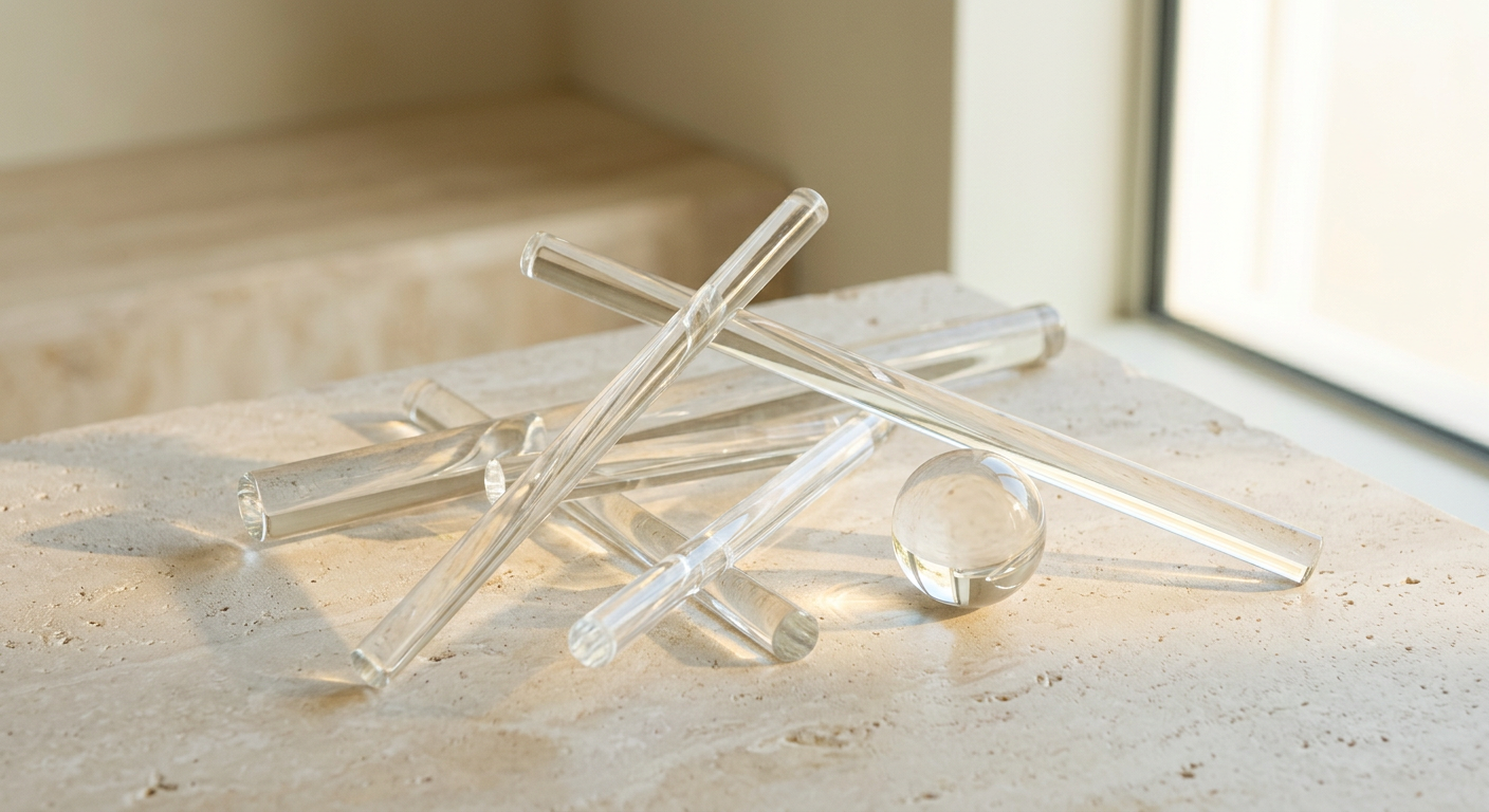 Clear glass rods and a glass sphere refracting light on limestone.