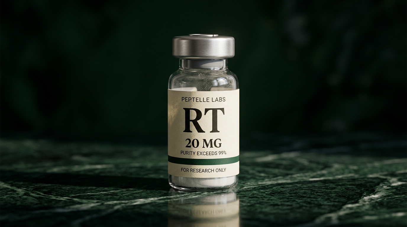 The RT vial on dark green marble, lit from the side. Label reads PEPTELLE LABS, RT, 20 MG, Purity Exceeds 99%, For Research Only.